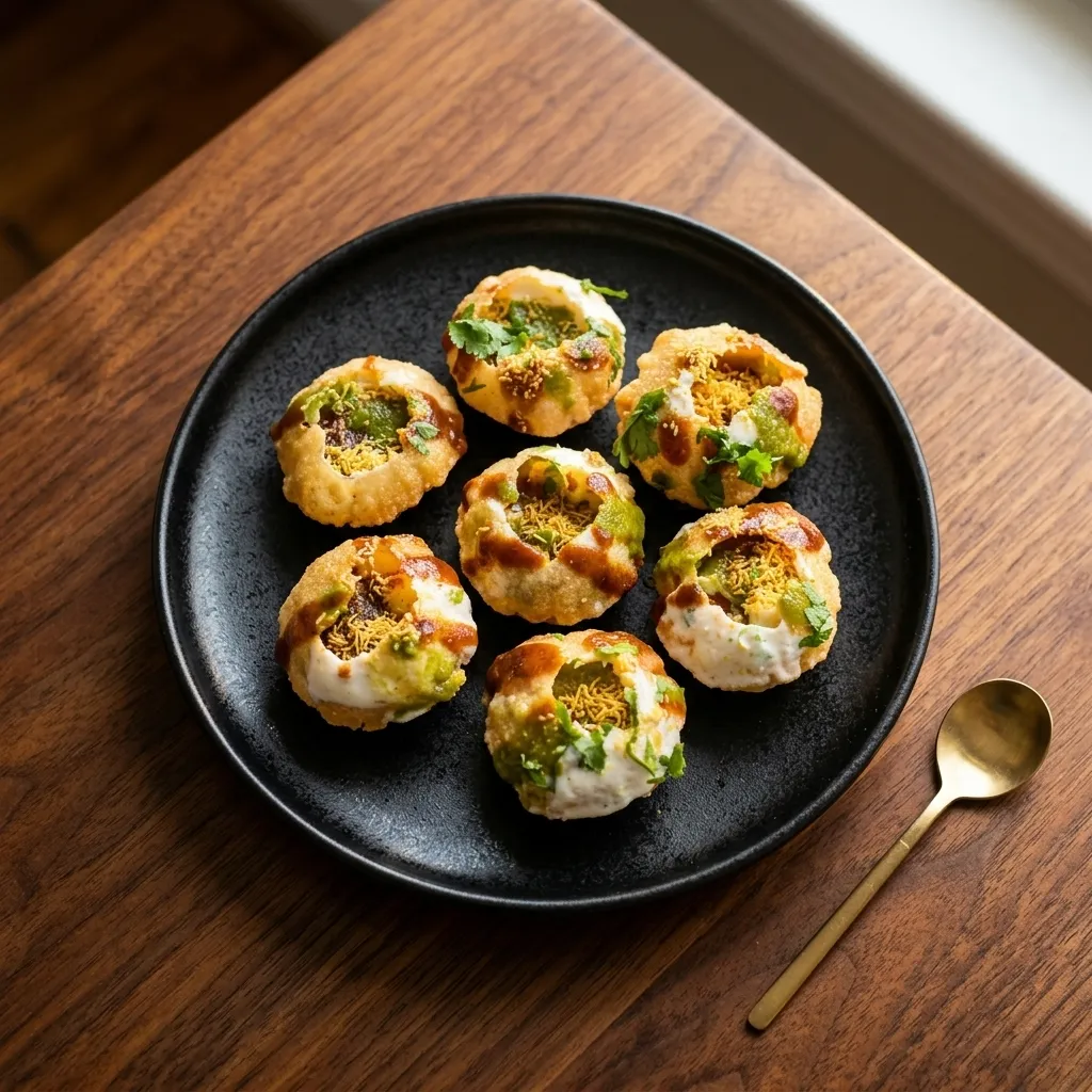 Dahi wale gol gappe with potato, chickpeas, spiced yogurt and chutneys at Virk Dhaba London Ontario